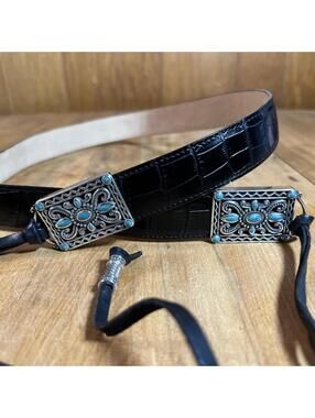 Vintage Brighton Turquoise Silver Concho Tassel Black Leather Belt Size XL
